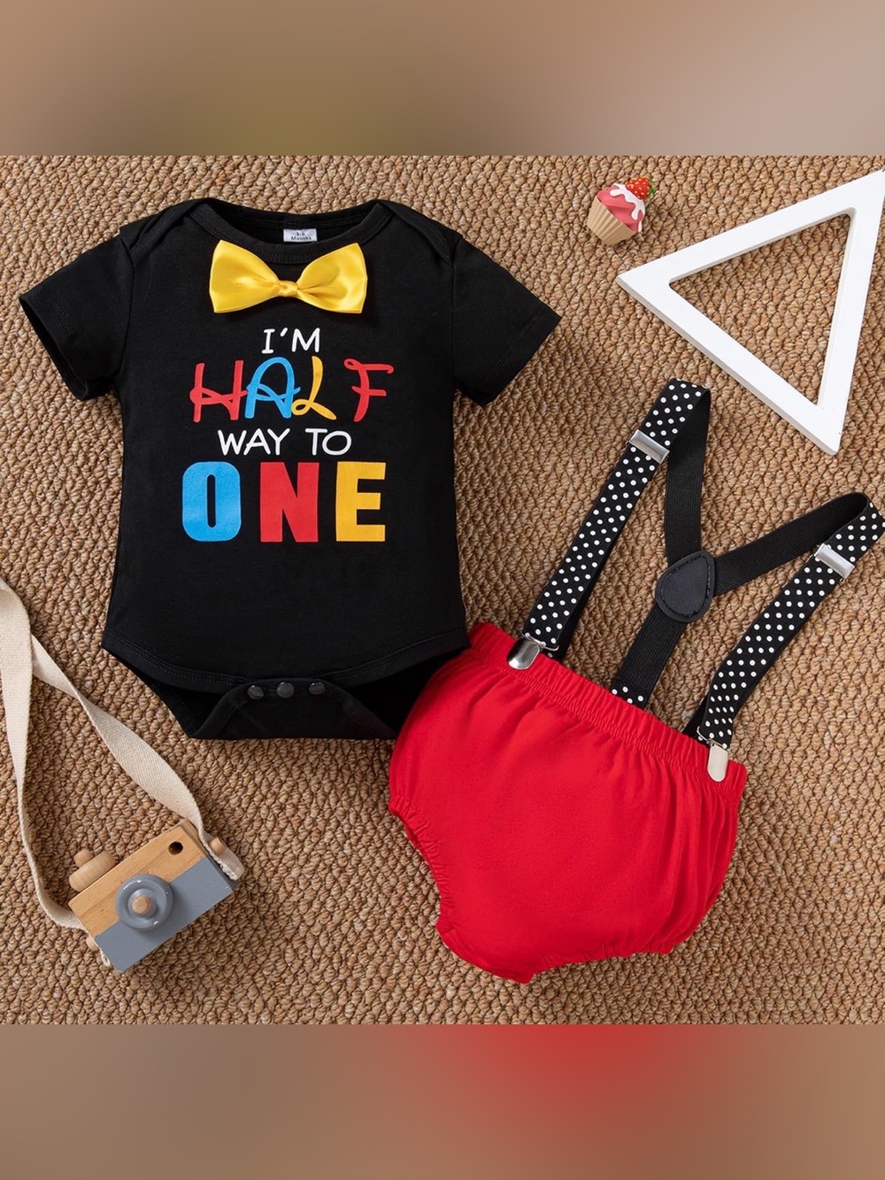 Kids 'I'm Half Way to One' Black Bodysuit with Yellow Bow & Red Bloomers